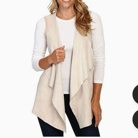 Calvin Klein Sweater Beige Vest Sleeveless Drape Open Front Faux Suede - Picture 1 of 10